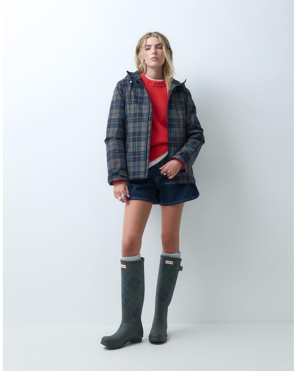 Hunter Orange Original Tall Tartan Print Wellington Boots