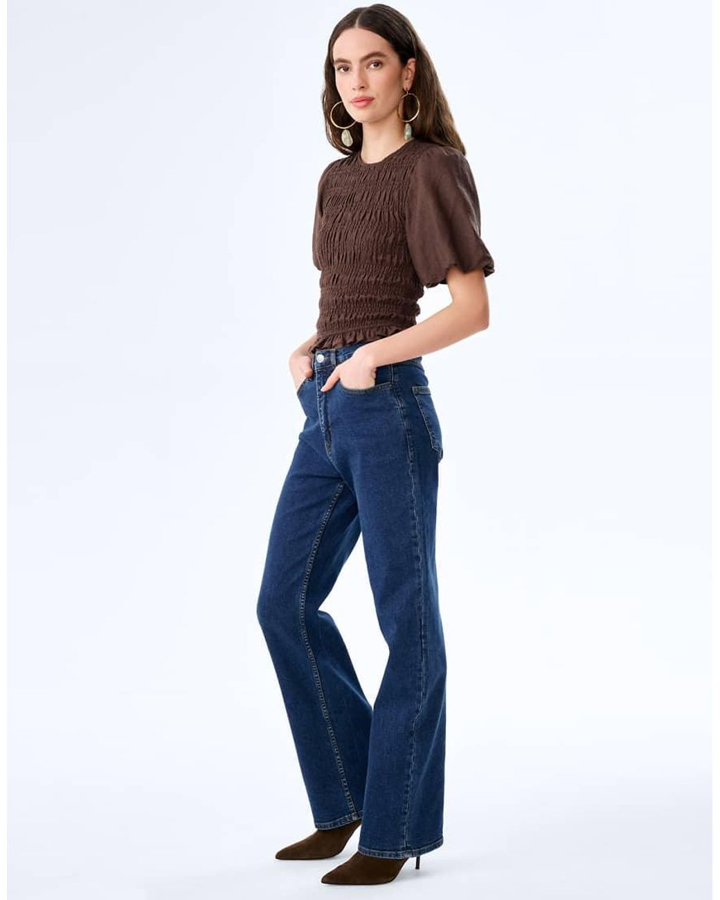 OMNES Blue Tops Nicola Shirred Linen Short Sleeve Top