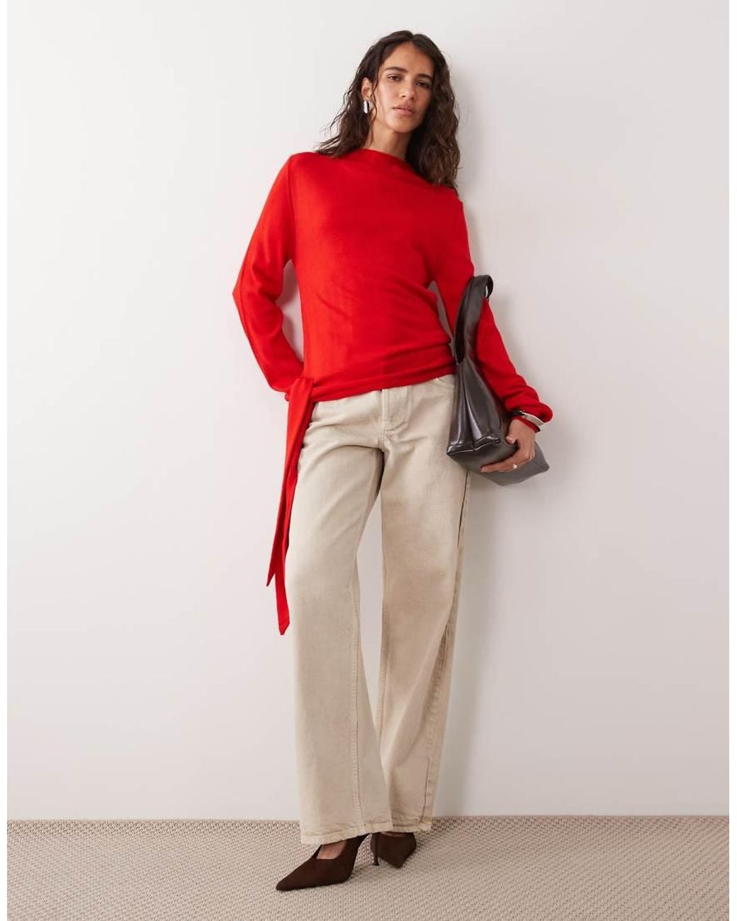 ASOS Red Knitted Tie Side Top With Funnel Neck
