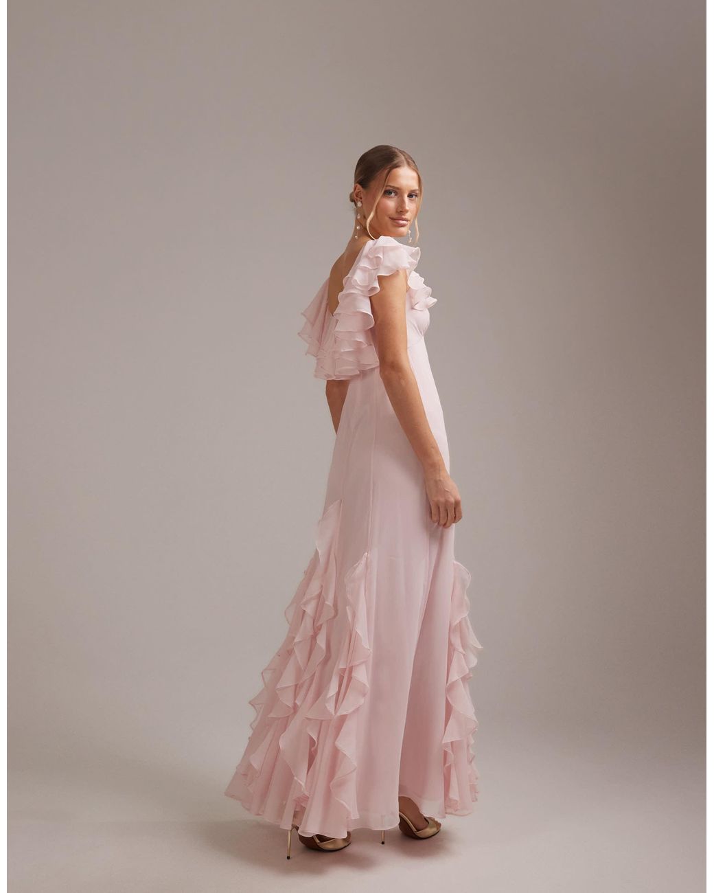 asos blush bridesmaid dress Bridesmaids Bardot Ruffle Chiffon Maxi in Pink Bardot satin Color:Dusty rose ecbB43abcd Alice + Olivia Daniela and a chic kick