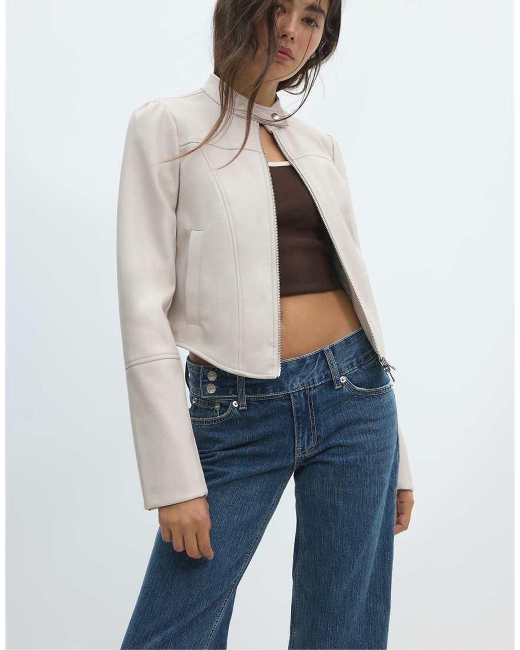 Stradivarius White Cropped Leather Effect Biker Jacket