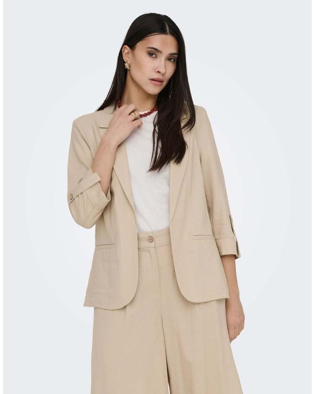 ONLY Natural Goa 3/4 Sleeve Linen Blend Unlined Blazer