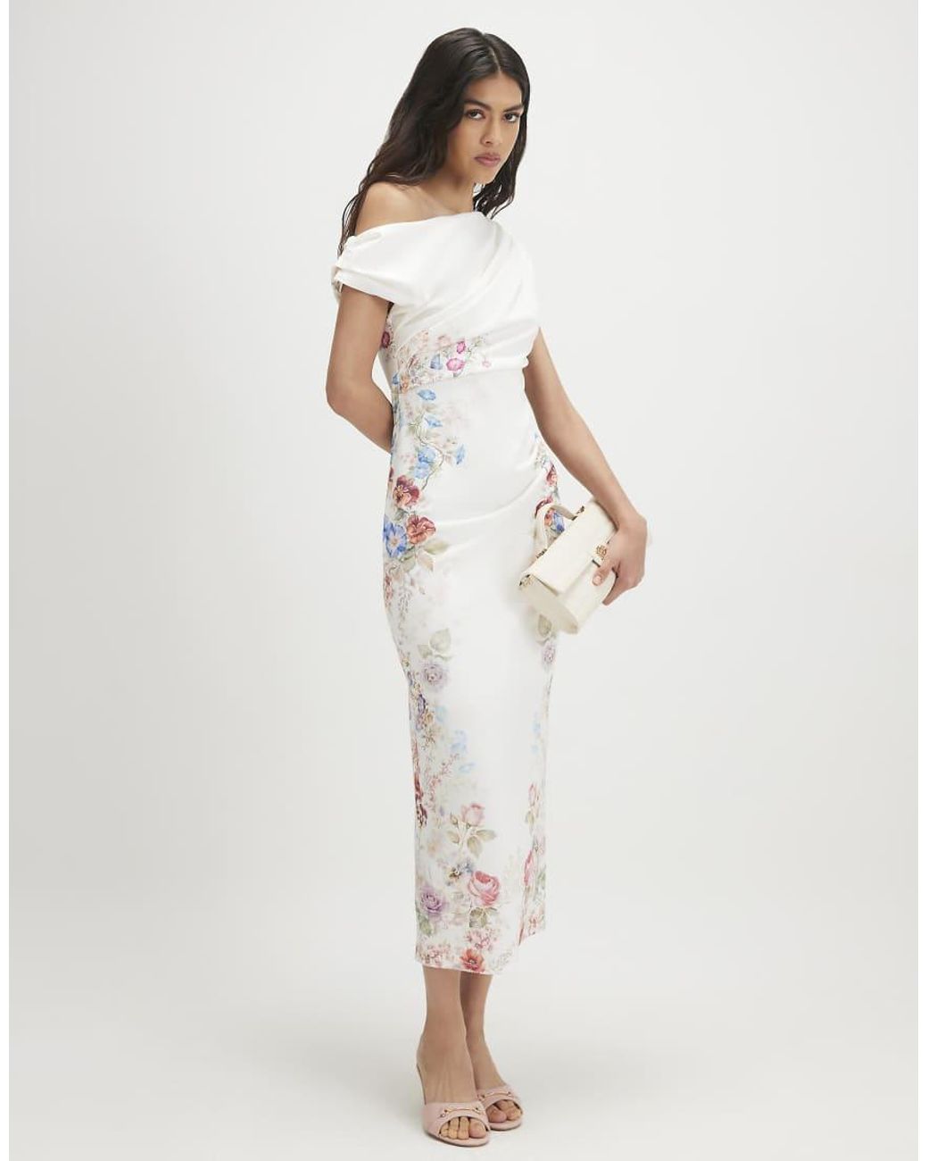 River Island White Floral Print Drape Midi Dress