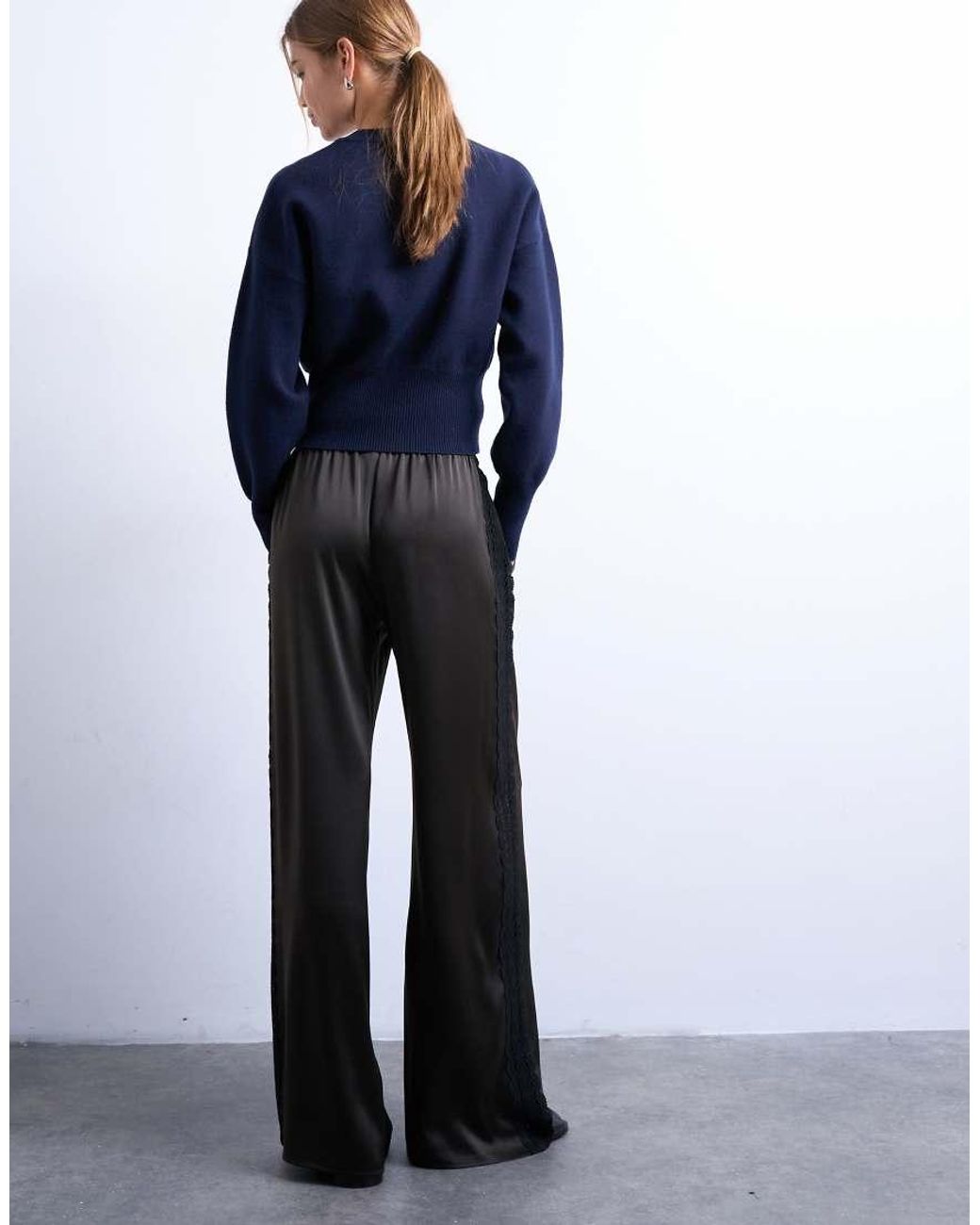 TOPSHOP Blue Satin Lace Insert Trouser
