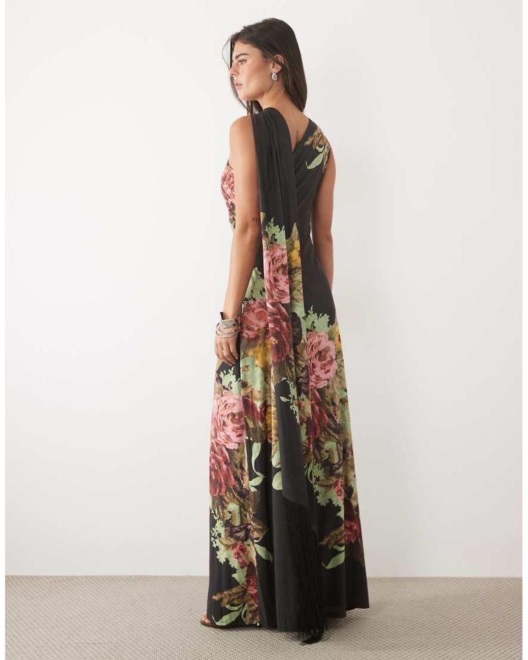 ASOS White Printed Floral Slinky Maxi Column Dress With Scarf Fringe Detail