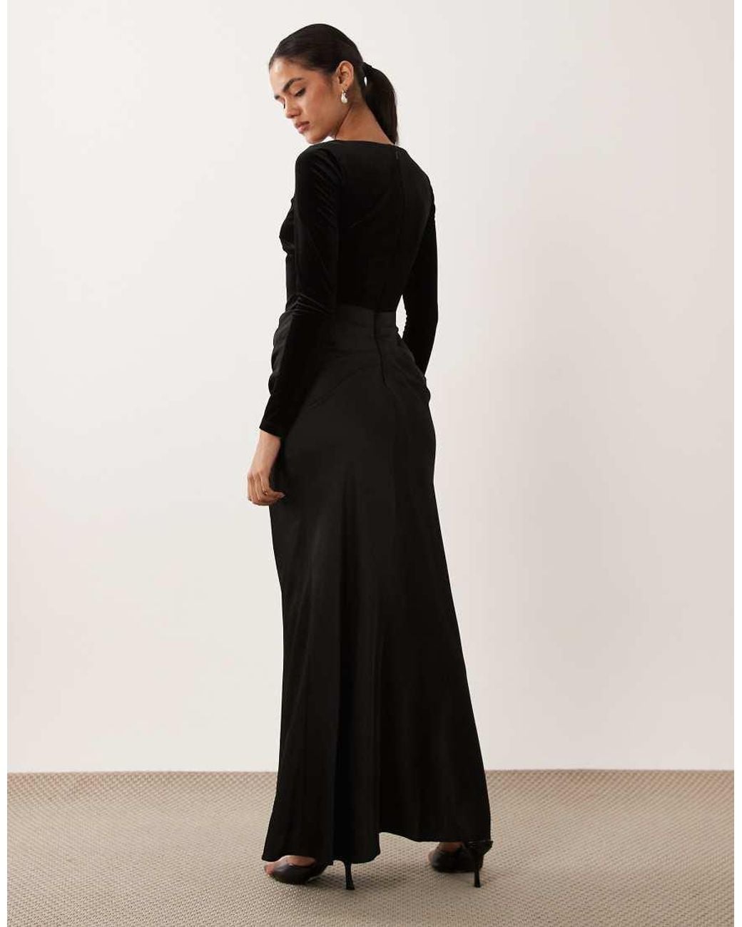 Forever New Black Velvet Long Sleeve Draped Maxi Dress