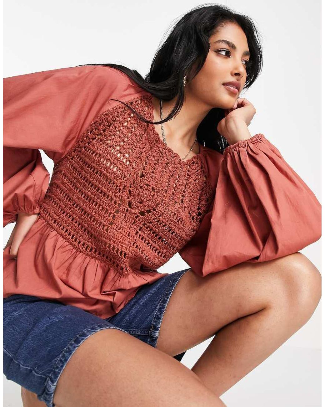ASOS Red Long Sleeve Top With Crochet Detail And Tie Waist