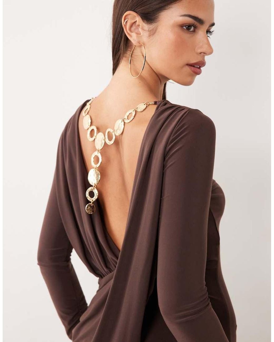 ASOS Brown Slinky Backless Maxi Dress With Gold Hardware Detail