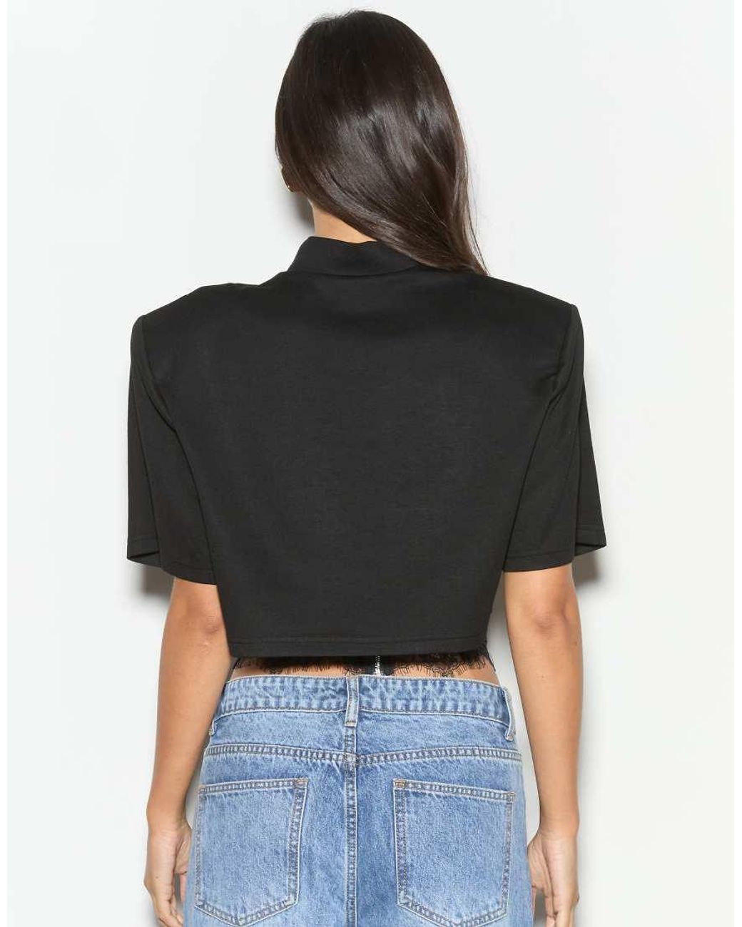 Noughts & Kisses Black Mimi Shoulder Pad Structured Lace Trim Top