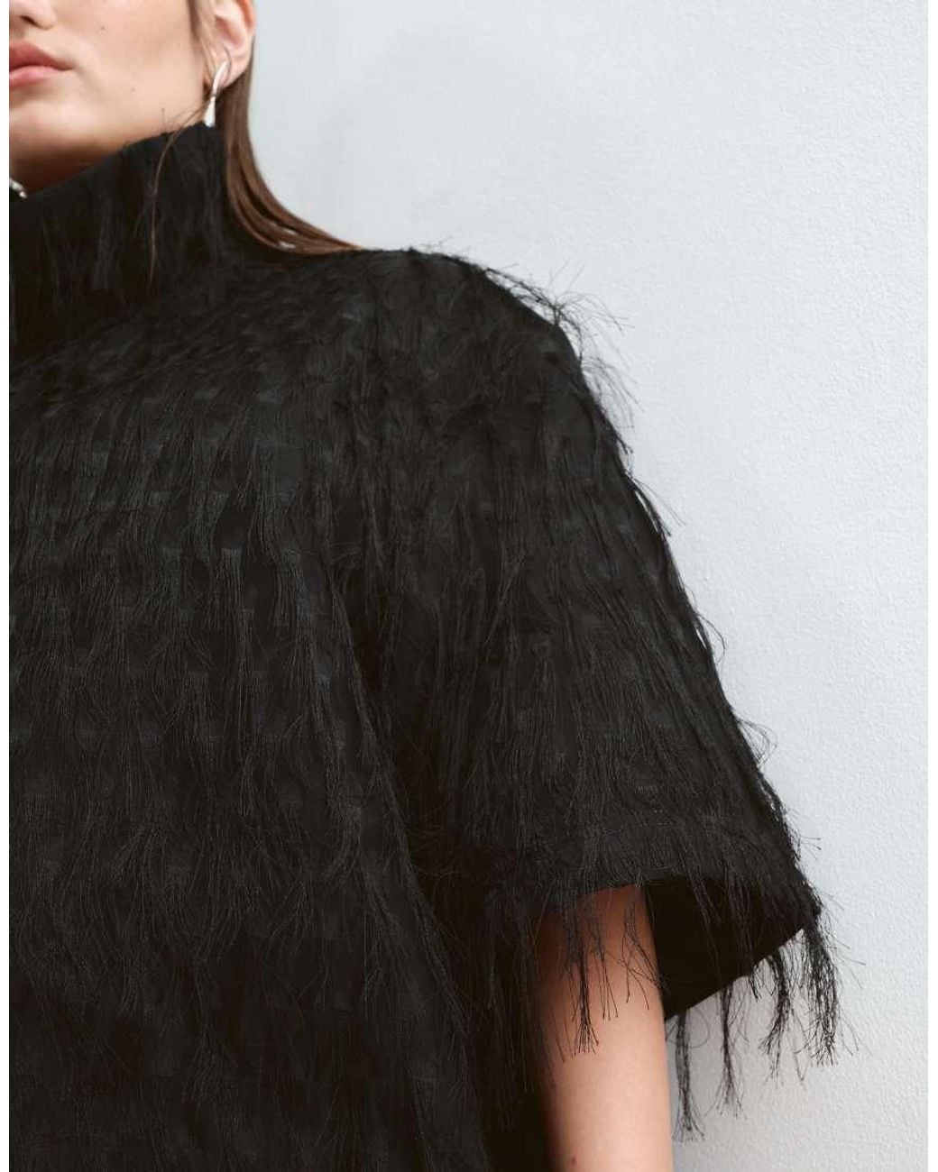 ARRANGE Black Curve Fringe High Neck T-shirt Sleeve Mini Dress