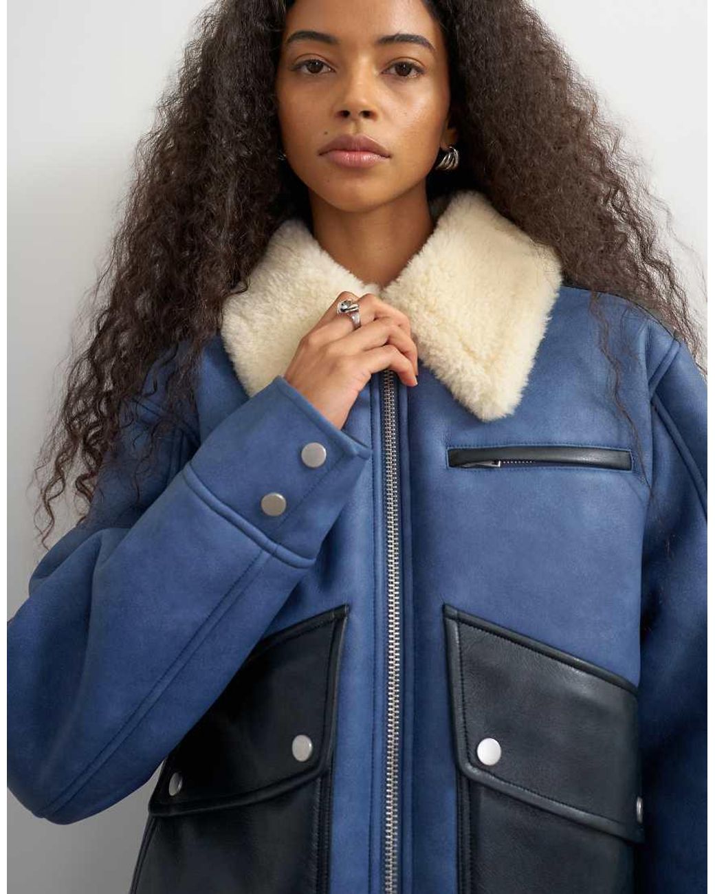 TOPSHOP Blue Shearling Belted Biker Jacket