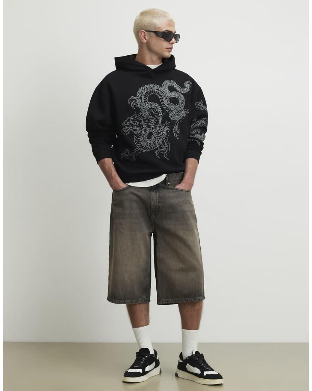 River Island Gray Oversized Fit Embroidered Dragon Hoodie for men