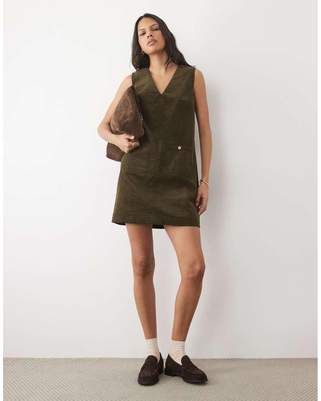 Threadbare Green Cord Pinafore Mini Dress