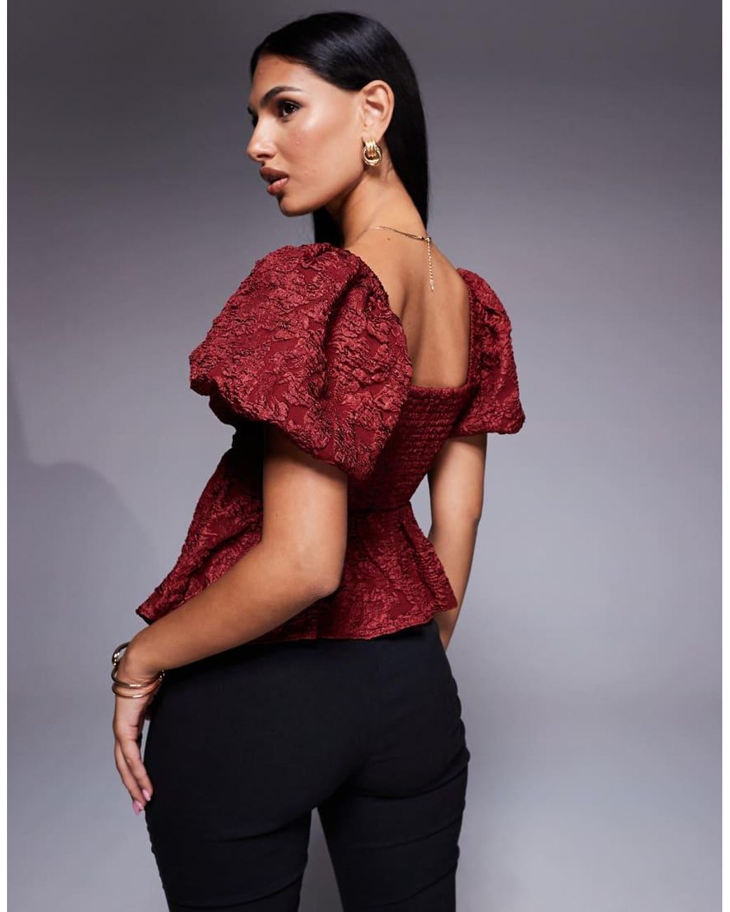 New Look Red Jacquard Puff Sleeve Top