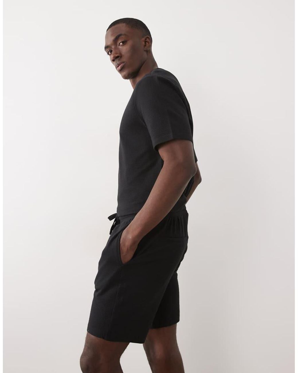 Only & Sons Black Waffle Short Co-Ord for men