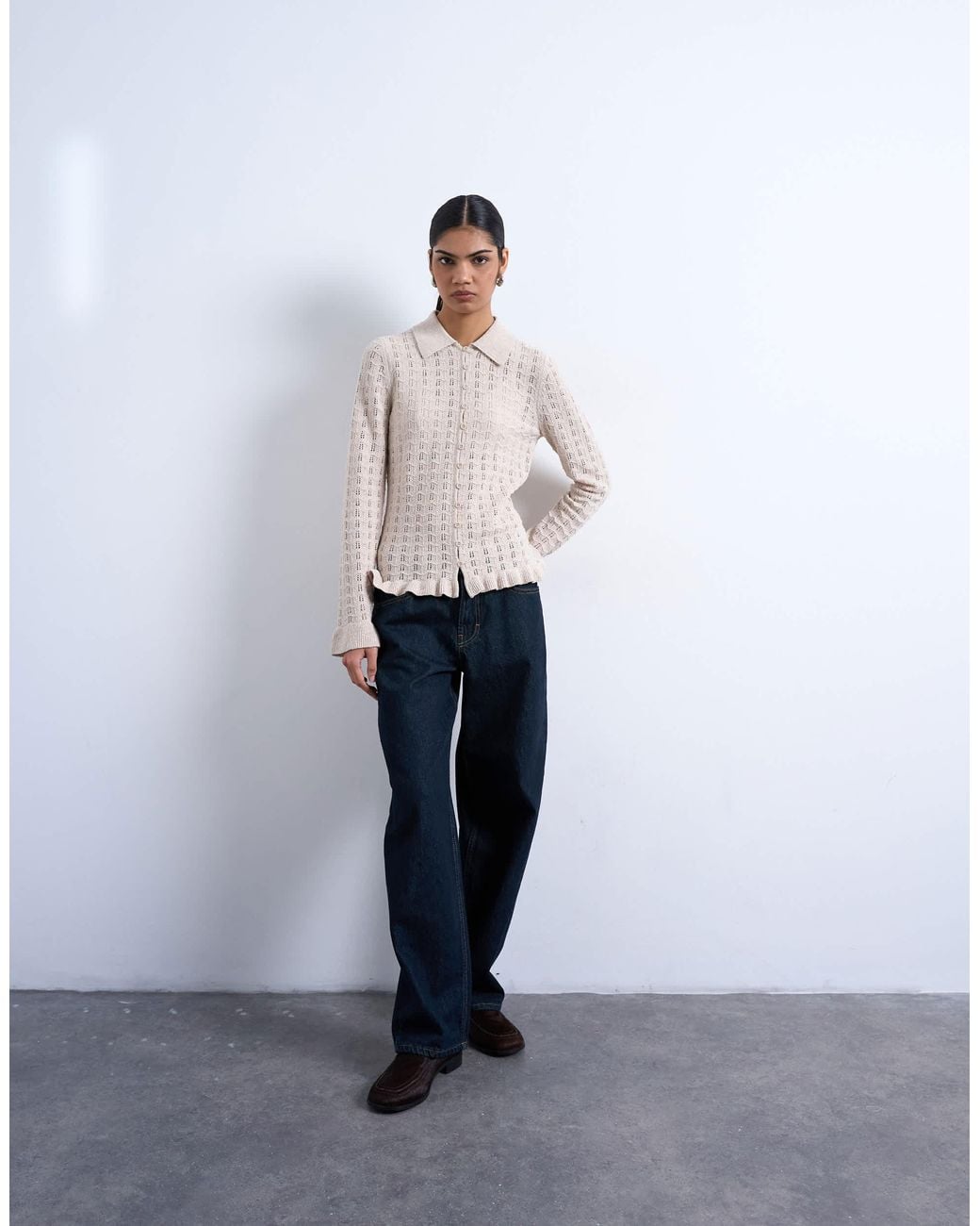 TOPSHOP Blue Knitted Button Through Frill Top