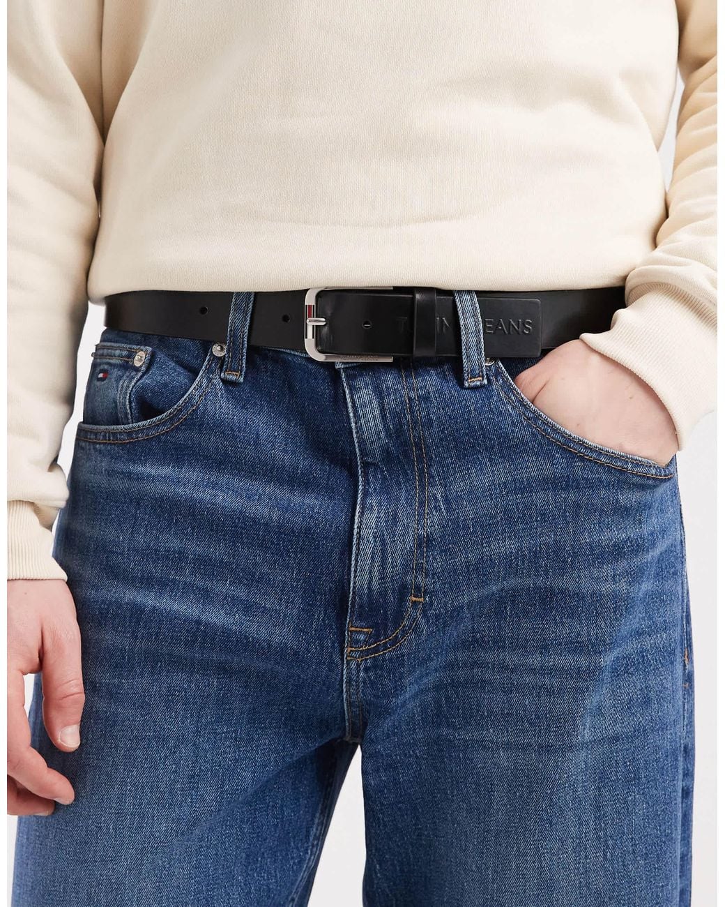 Tommy Hilfiger Blue Austin Leather Belt With Logo Buckle for men