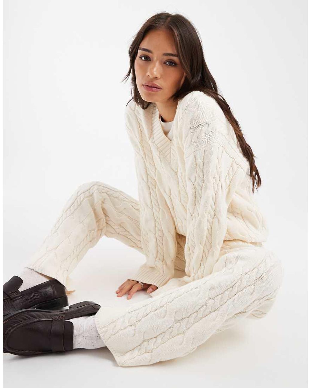 4th & Reckless Natural Cotton Rich Cable Knit V Neck Jumper Co-Ord