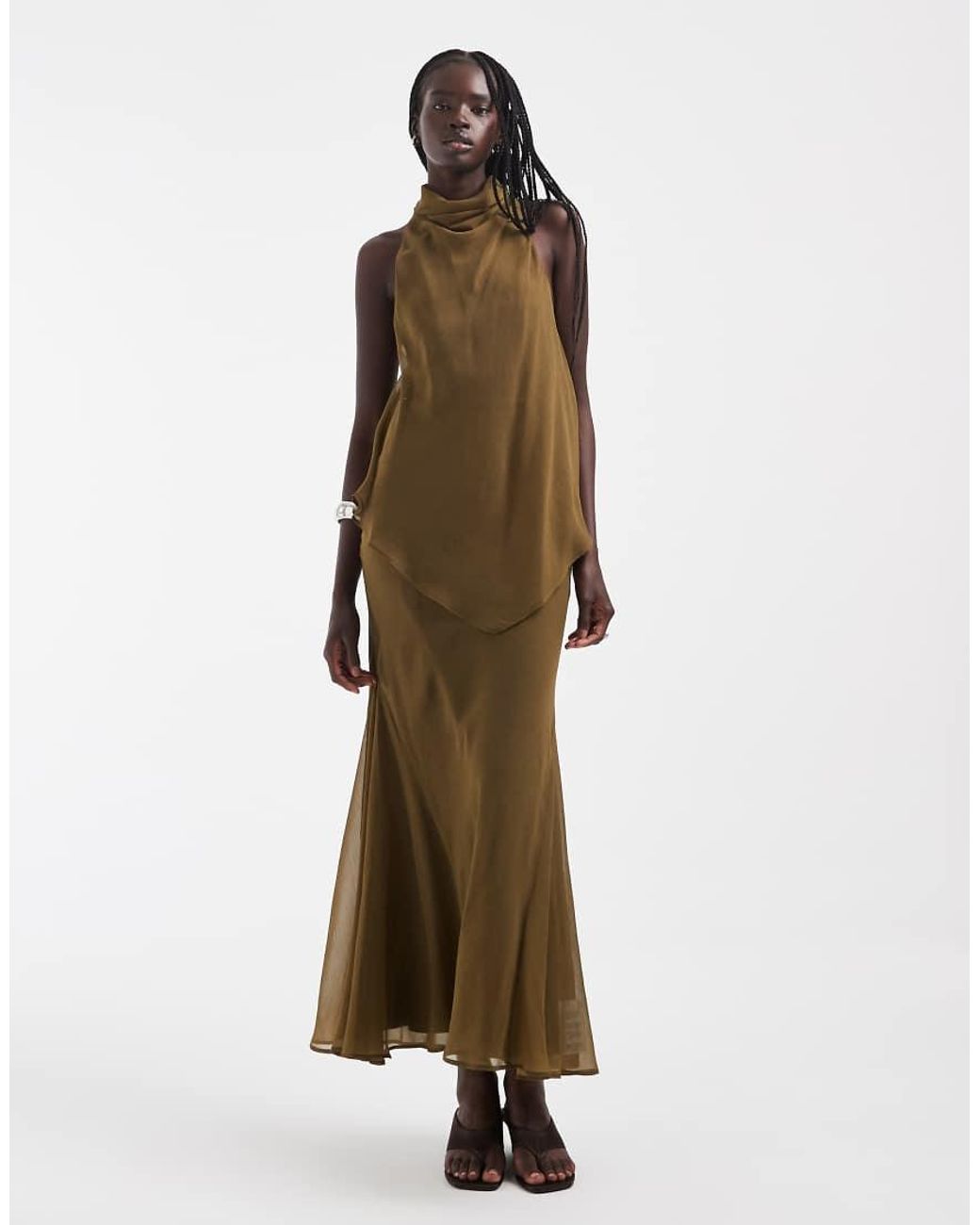 ASOS Green Chiffon High Neck Double Layer Maxi Dress