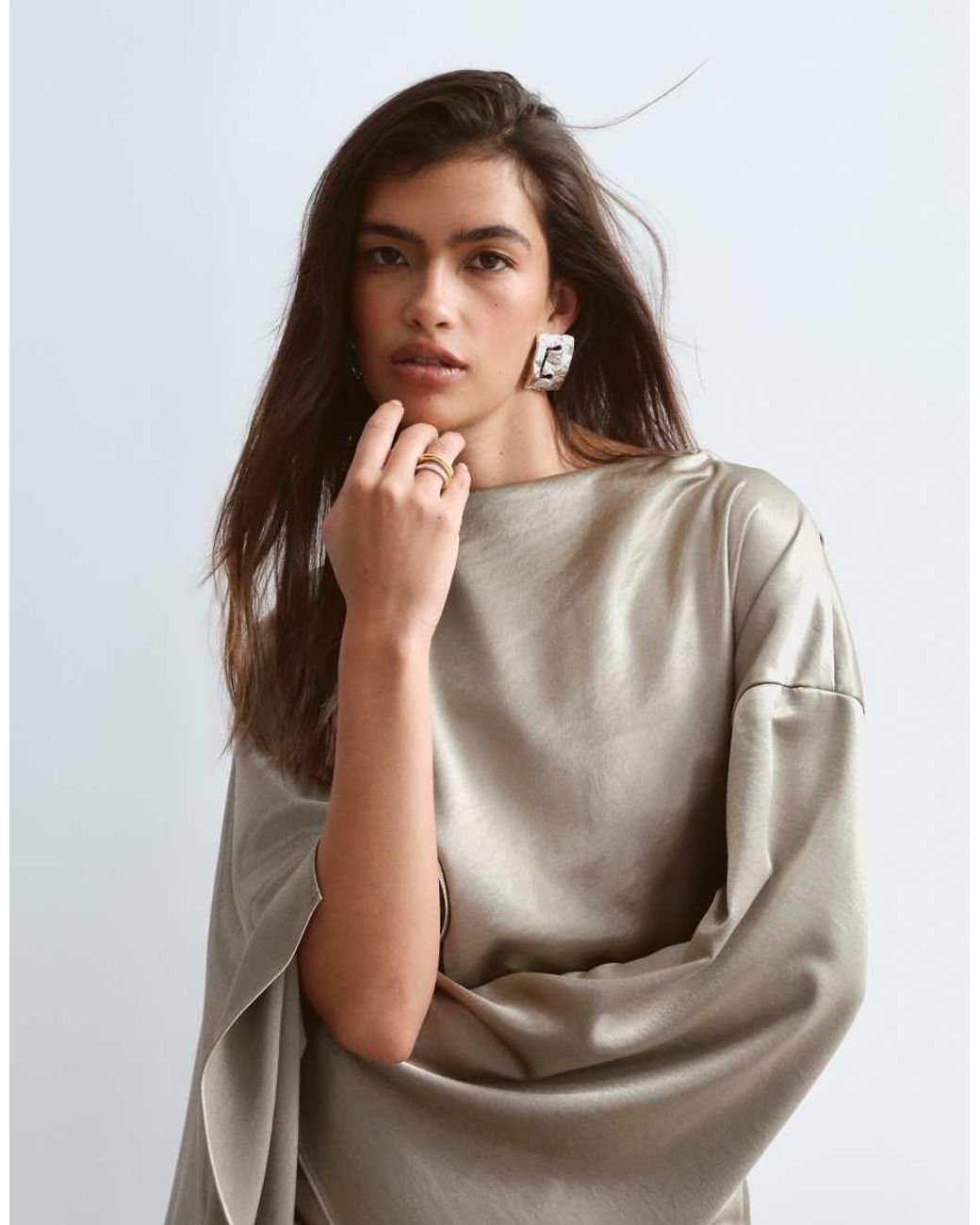 ARRANGE Natural Satin Drape Long Sleeve Maxi Dress