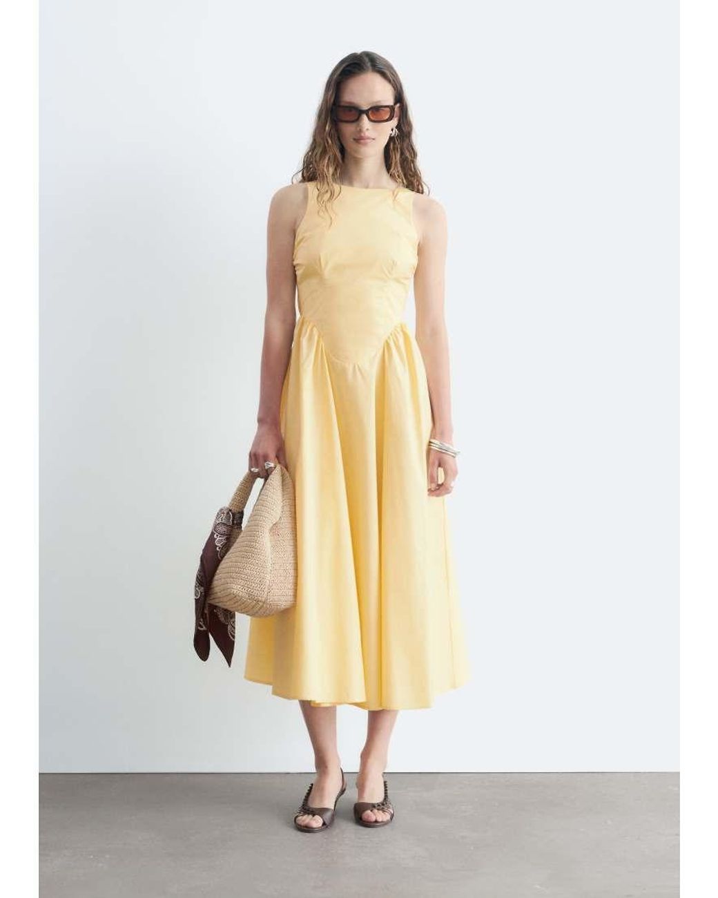 & Other Stories White Rich Cotton Volume Waist Hem Midi Dress