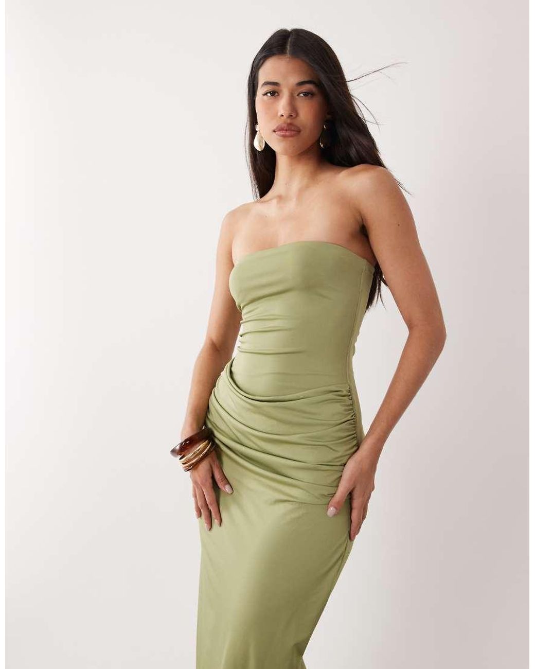 Aria Cove Green Double Layered Slinky Bandeau Drape Detail Maxi Dress