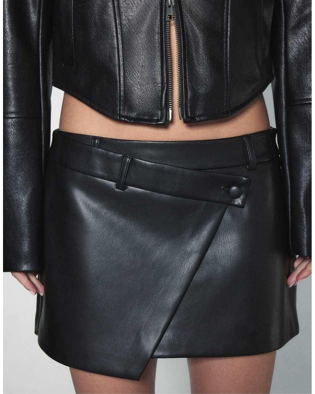 Stradivarius Black Leather Effect Crossover Mini Skirt