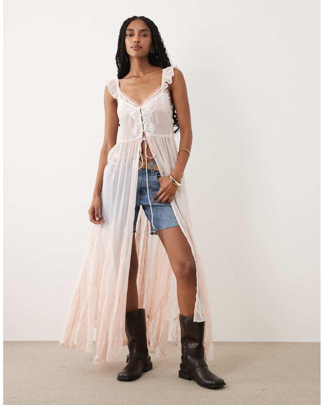 Miss Selfridge Pink Sheer Lace Maxi Dress With Godets