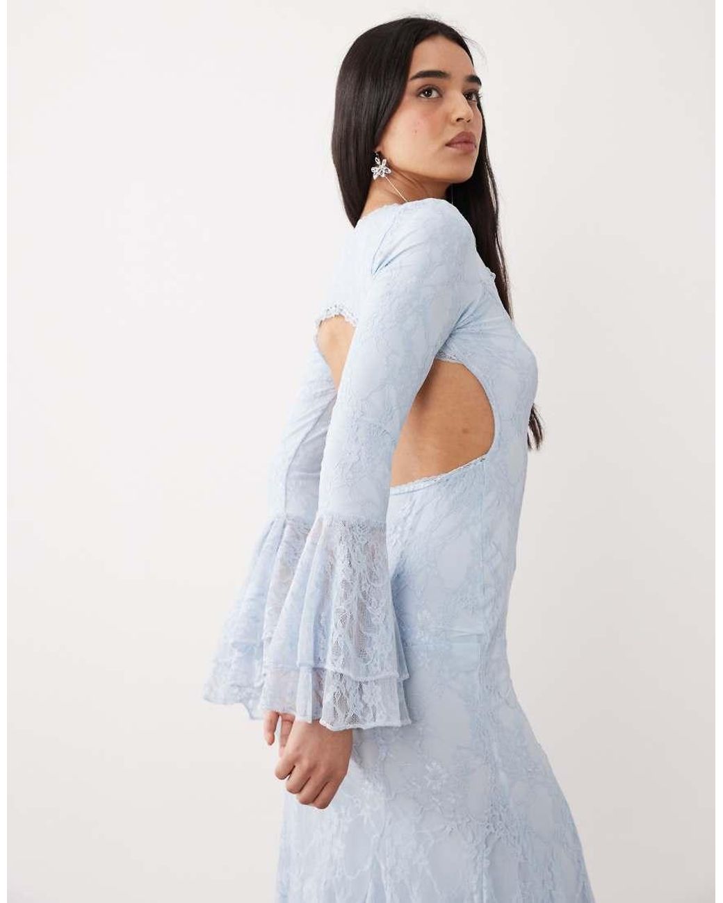 ASOS Blue Lace Maxi Dress With Godet Inserts And Flute Sleeve