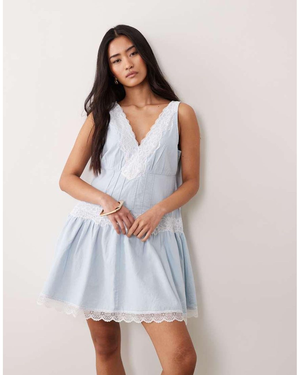 Miss Selfridge Blue Lace Mix Chambray Denim Dress