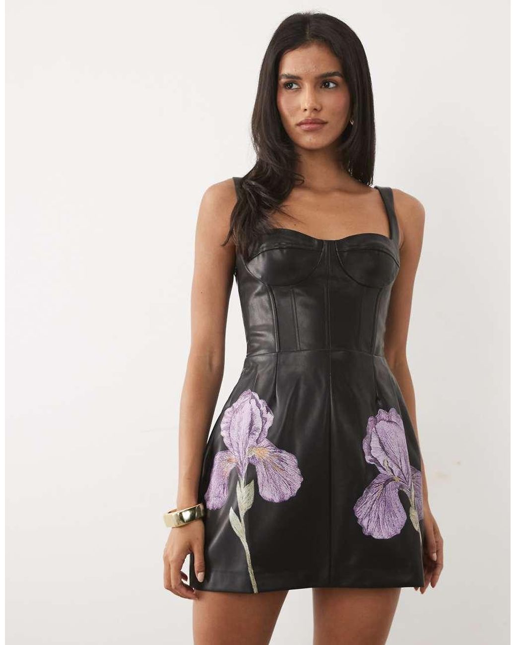 JW PEI Black Iris Faux Leather Corset Detail 3D Floral Mini Dress