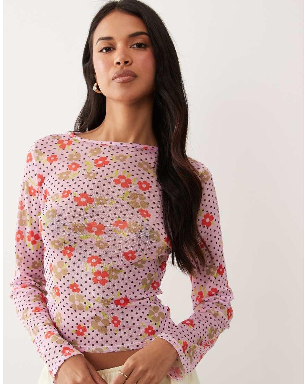 ASOS Red Printed Mesh Long Sleeve Top