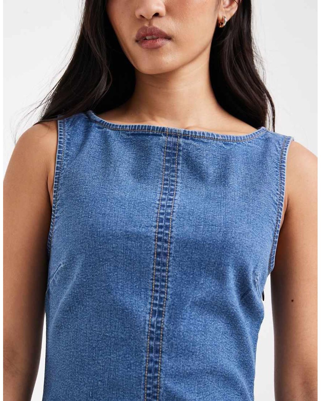 ASOS Blue Denim Slash Neck Bodycon Mini Dress