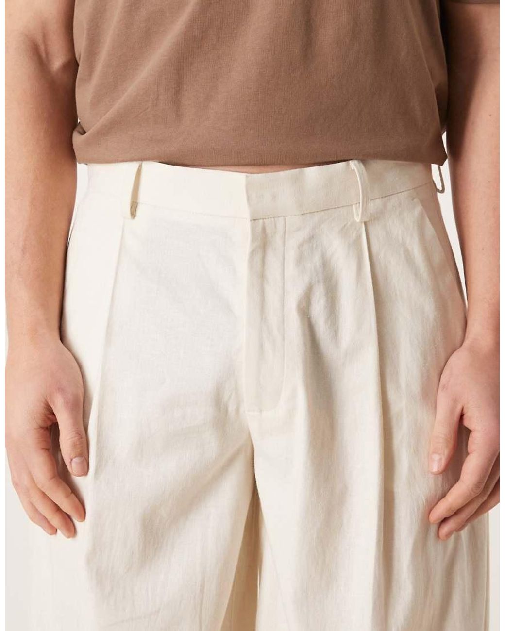 ASOS Natural Smart Pleated Linen Blend Barrel Trousers for men