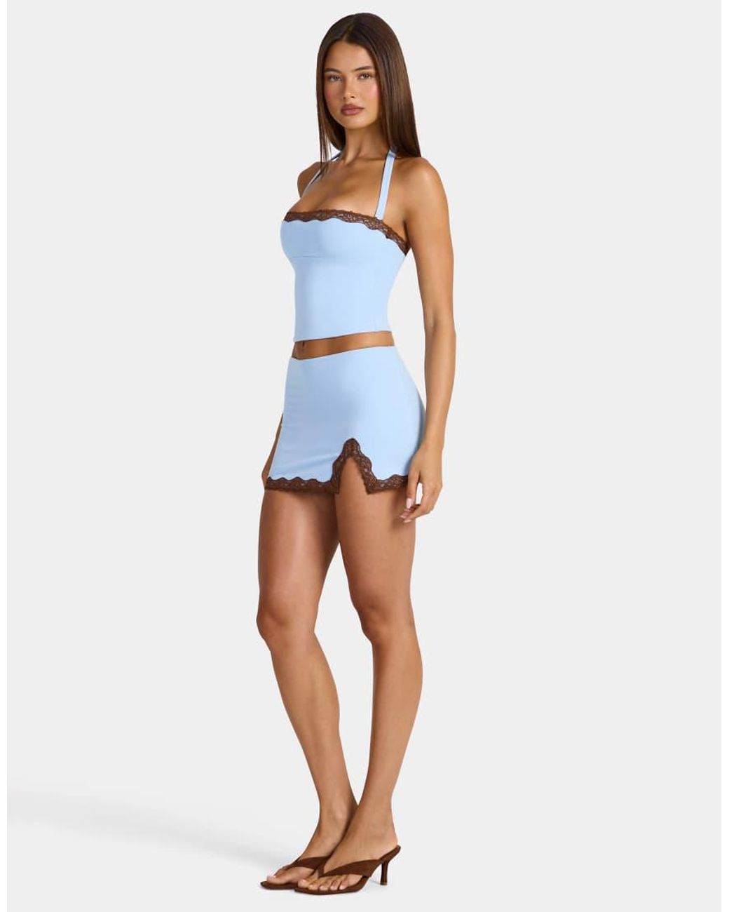 Oh Polly Blue Modal Lace Trim Halter Neck Top Co-ord