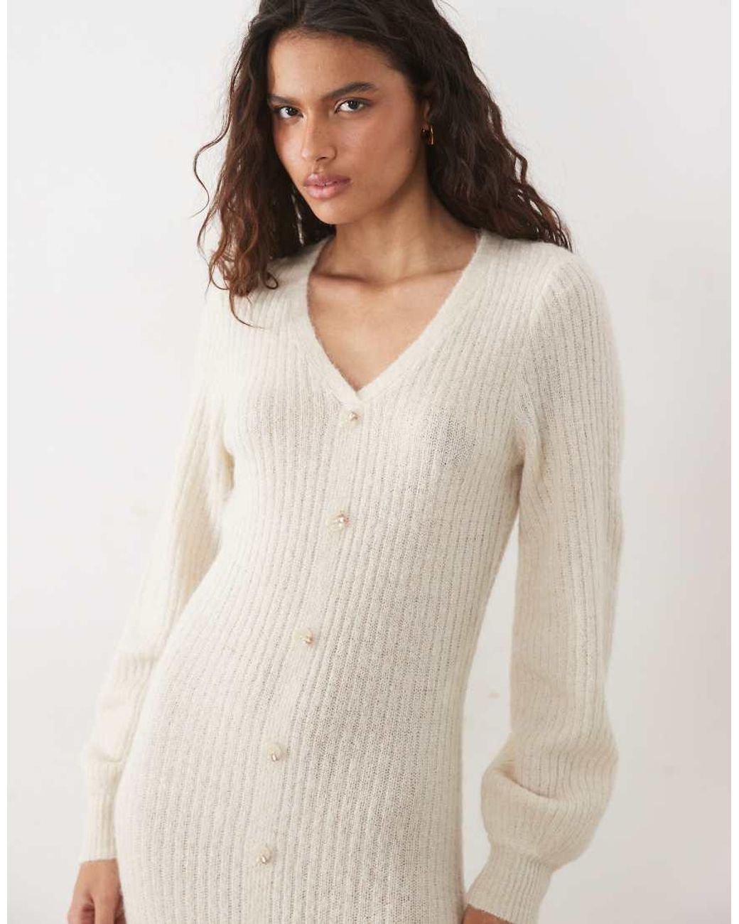 Y.A.S Natural Button Front Balloon Sleeve Knitted Maxi Dress