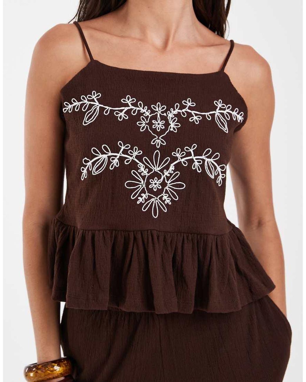 Object Brown Crinkle Cotton Frill Hem Embroidered Cami Top Co-ord