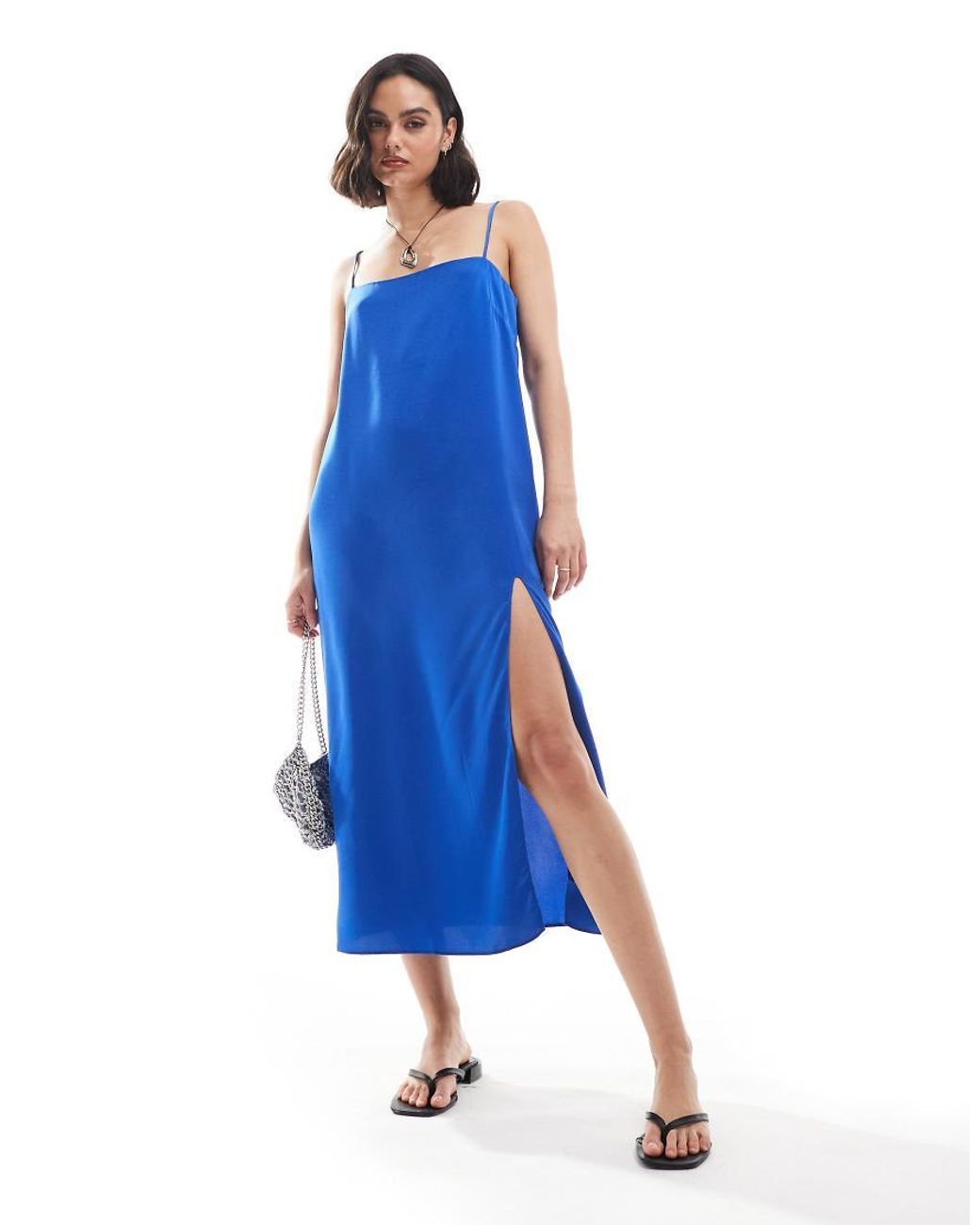 Mango Split Front Cami Midi Dress in Blue Lyst UK