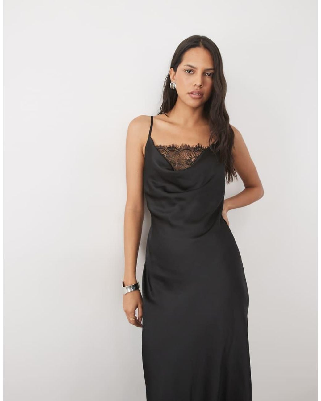 New Look Black Lace Insert Satin Cowl Neck Midi Dress