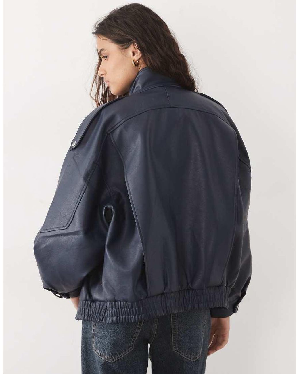 Abercrombie & Fitch Blue Oversized Faux Leather Bomber Jacket