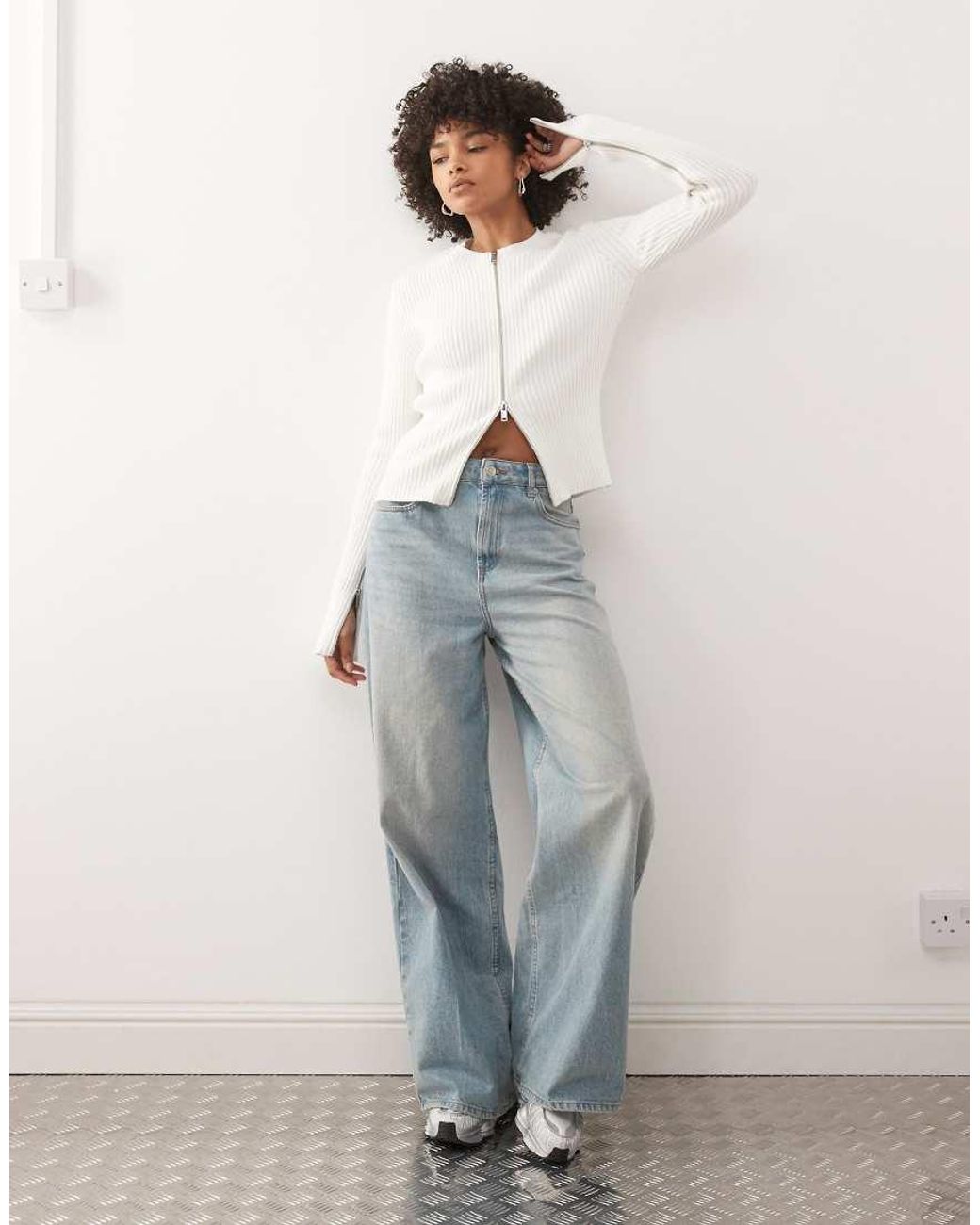 Weekday White Fitted Zip Through Caridgan With Sleeve Zip Detail