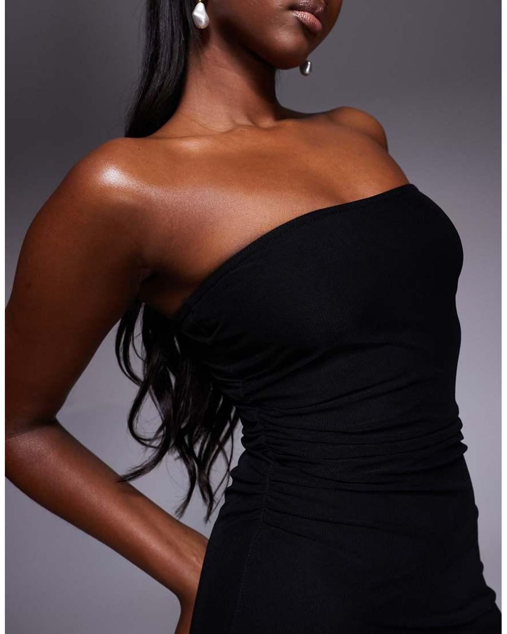 Fashionkilla Black Exclusive Mesh Overlay Ruched Waist Lettuce Edge Bandeau Mini Dress