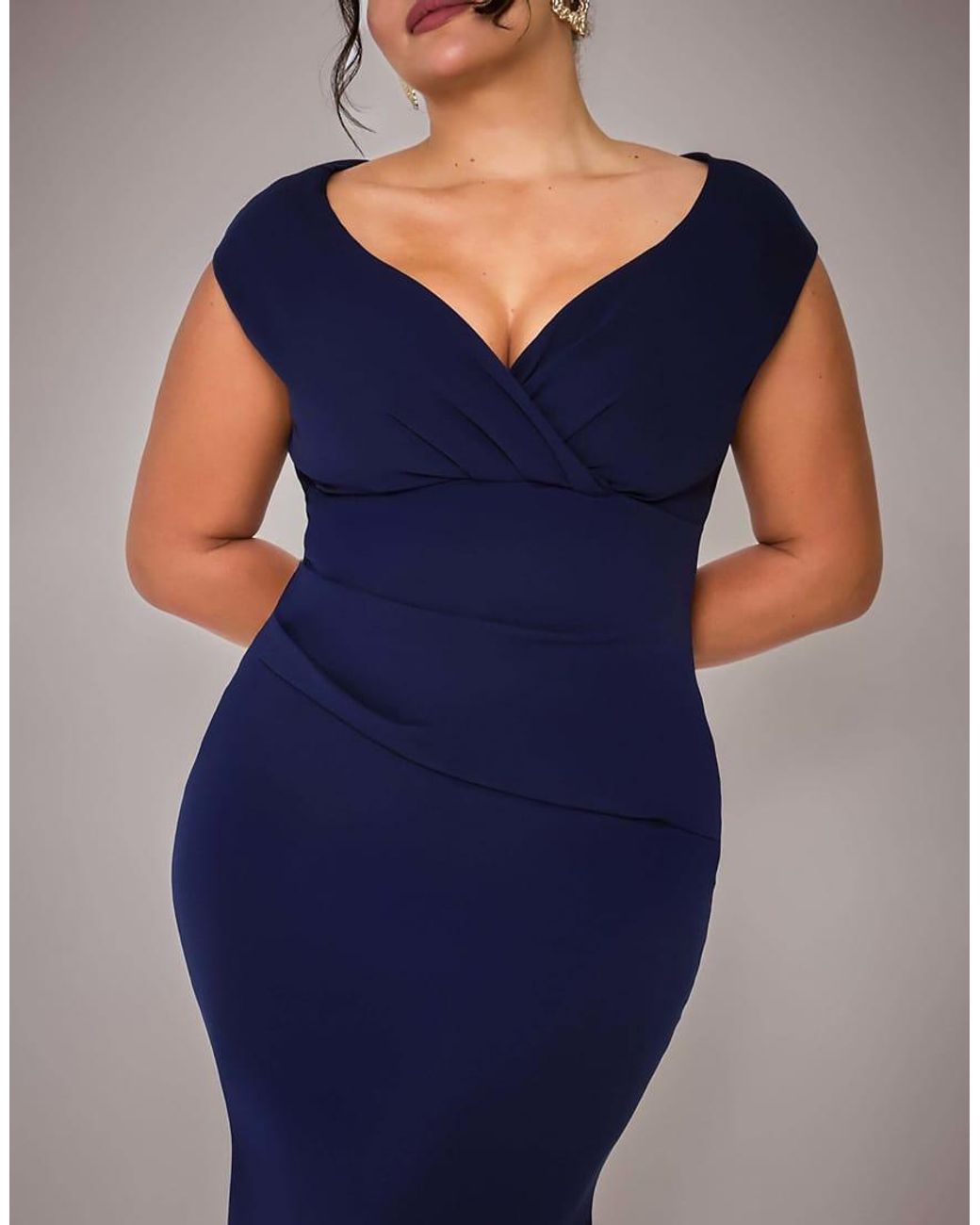 Goddiva Blue Plus Bardot Pleated Maxi Dress