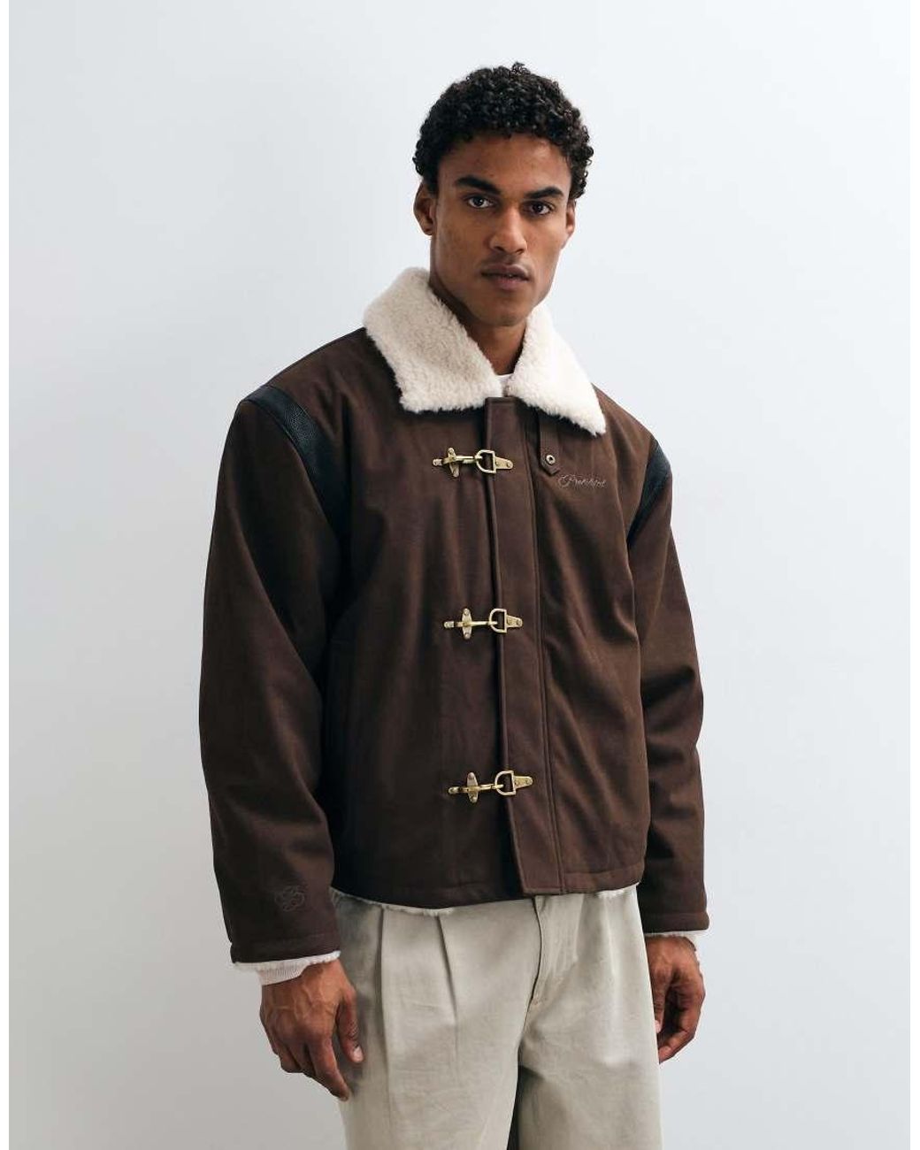 Prohibited Brown Varsity Duffle Jacket With Fireman Buckles for men