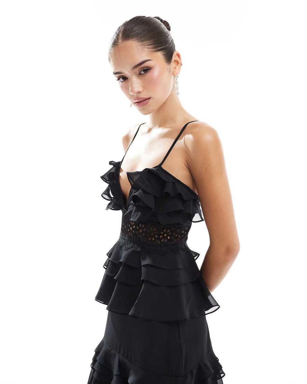 True Decadence Black Plunge Front Tiered Ruffle Maxi-Dress