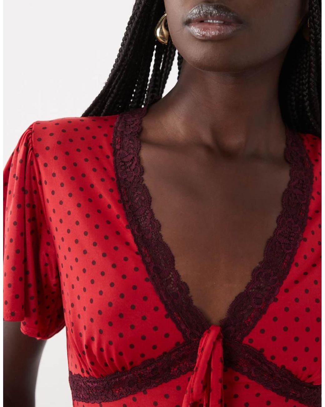 Miss Selfridge Red Tea Top With Lace Trim