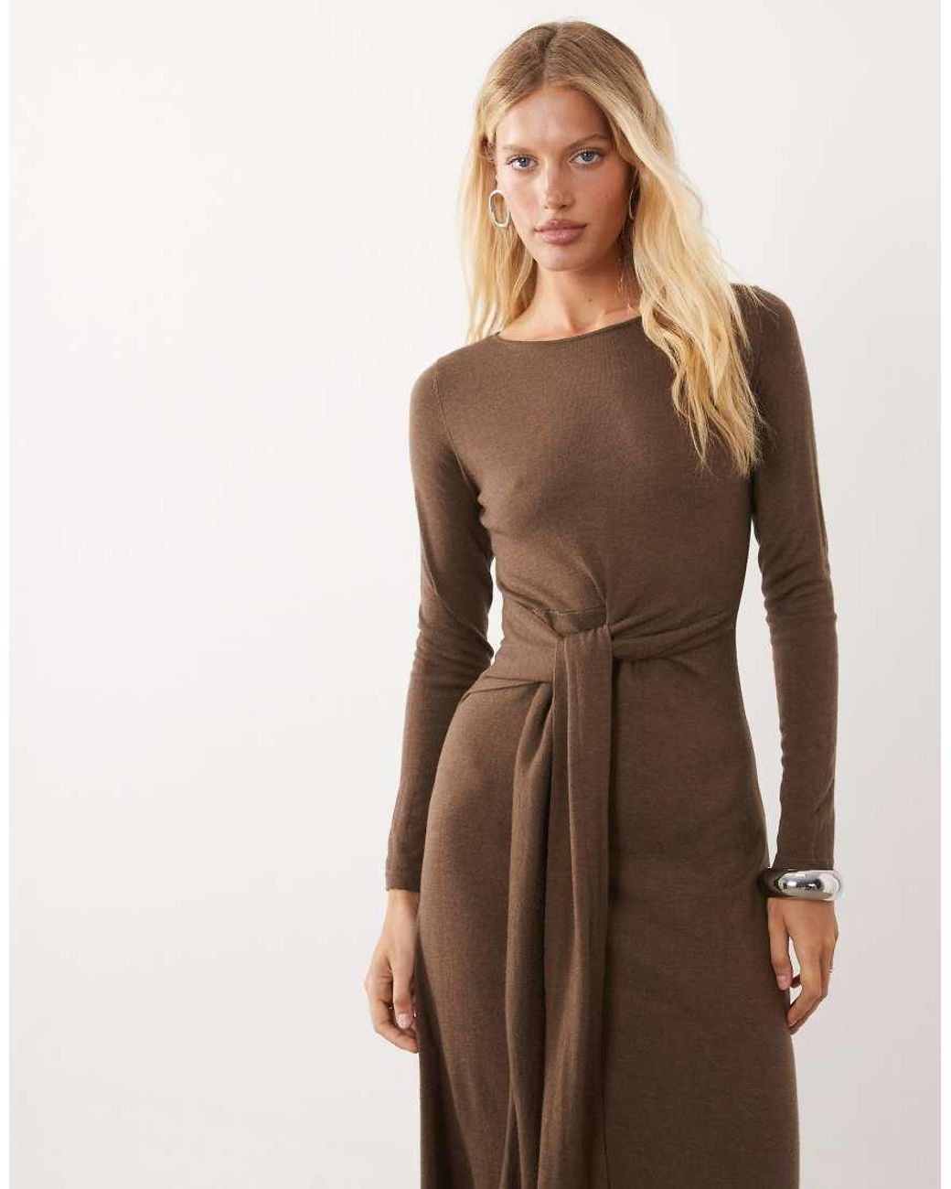 Mango Brown Boat Neck Long Sleeve Midi Dress With Tie Waist