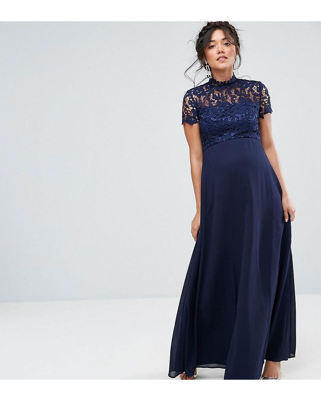 Chi Chi London Maternity 2 In 1 High Neck Maxi Dress With Crochet Lace in  Navy (Blue) | Lyst Canada