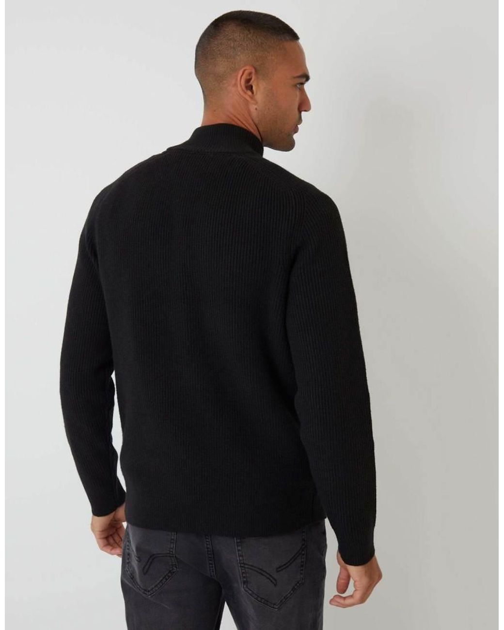 Threadbare Black Cotton Blend Rib Panel Quarter Zip Knitted Jumper for men