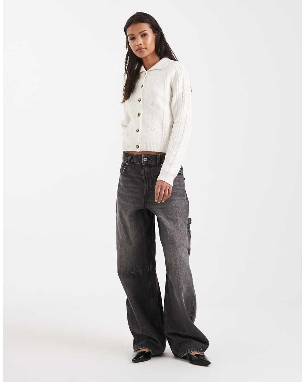 New Look White Floral Stitch Collared Cardigan